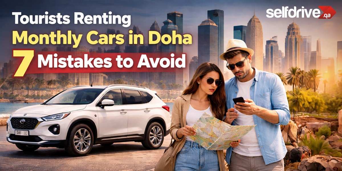 Tourists in summer attire study a map by a white SUV, with Doha's skyline in the background. Text overlay reads, 